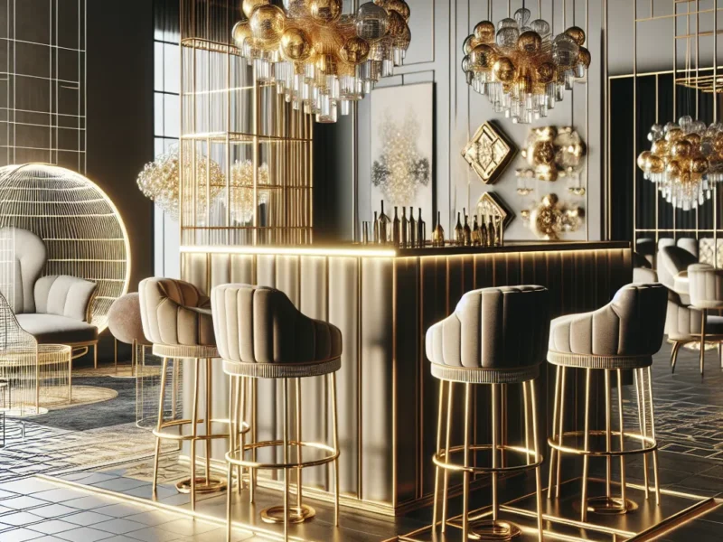 Nowoczesna elegancja: tapicerowane hokery, krzesła glamour i złote akcenty w aranżacji wnętrz